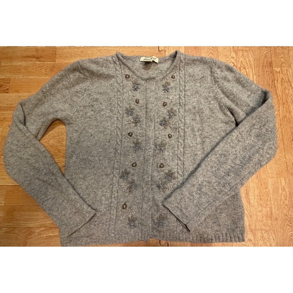 Eddie Bauer Vintage Gray 100% Lambswool Embroidered Beaded Cardigan Sweater M